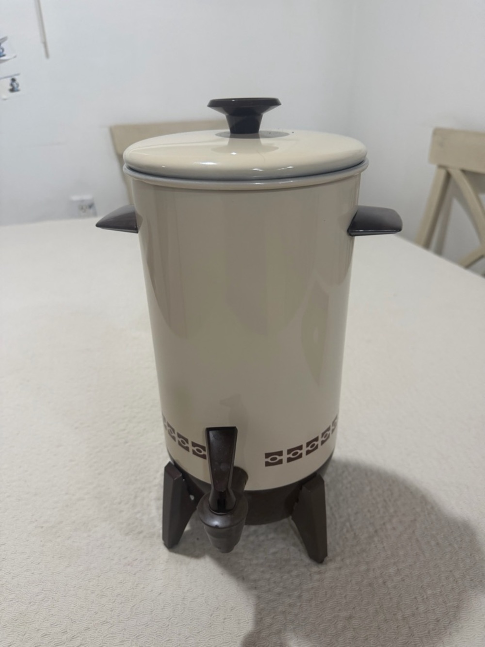 Vintage Cream and Brown Retro Beverage Dispenser with Lid and Spout